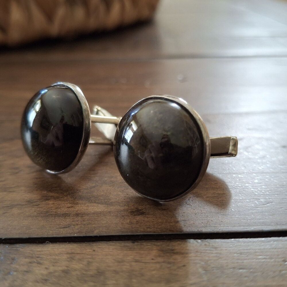 Vintage Taxco Mexico Eagle 3 Sterling silver Black Onyx or obsidian Cufflinks